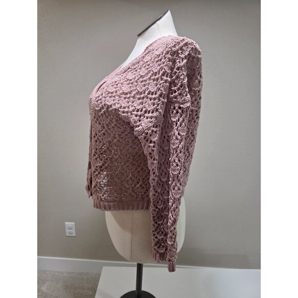 Crochet Knit Button-Up Cardigan Sweater In Mauve Pink With Long Sleeves & V-Neck - Picture 3 of 8